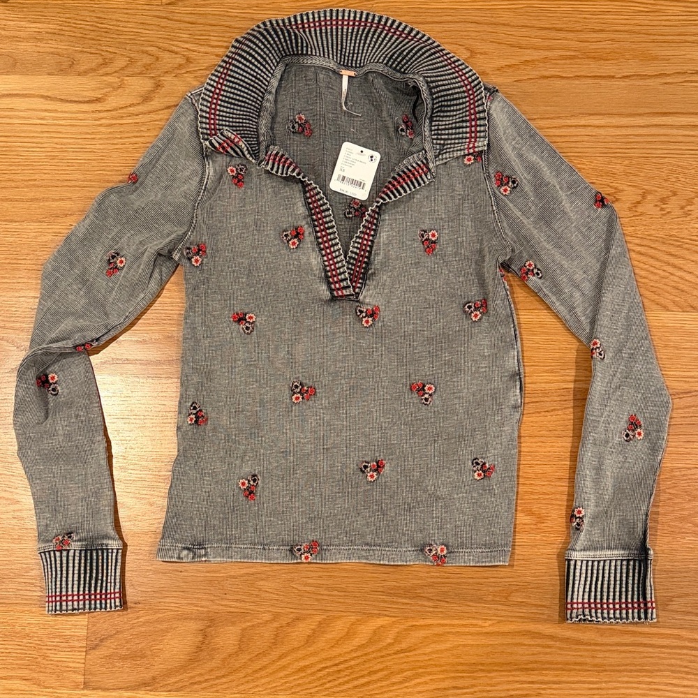 Free People Gray Long Sleeve Top with Red Accents
